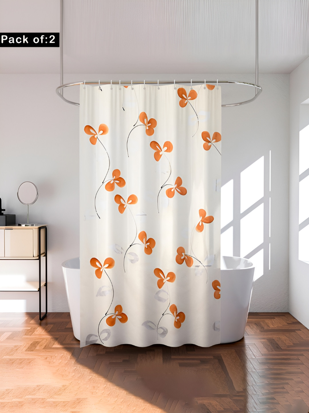 Aura 2-Pcs Cream & Orange Printed Shower Curtain With 8 Rings