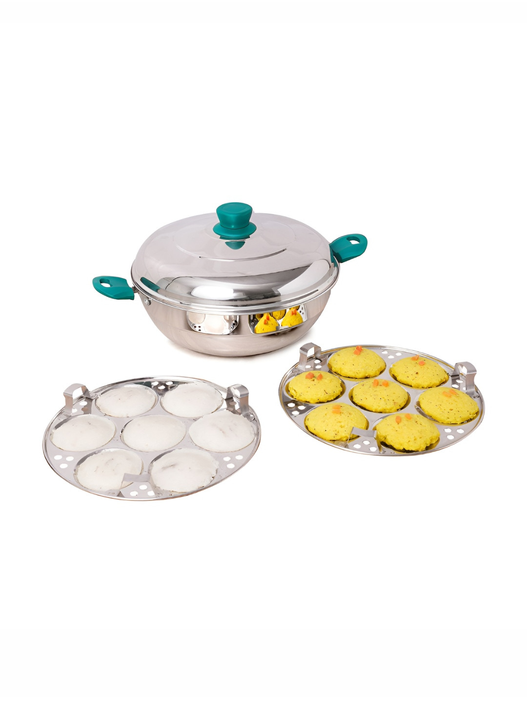 The Indus Valley Silver-Toned & Green Stainless Steel Induction Base Idli Maker