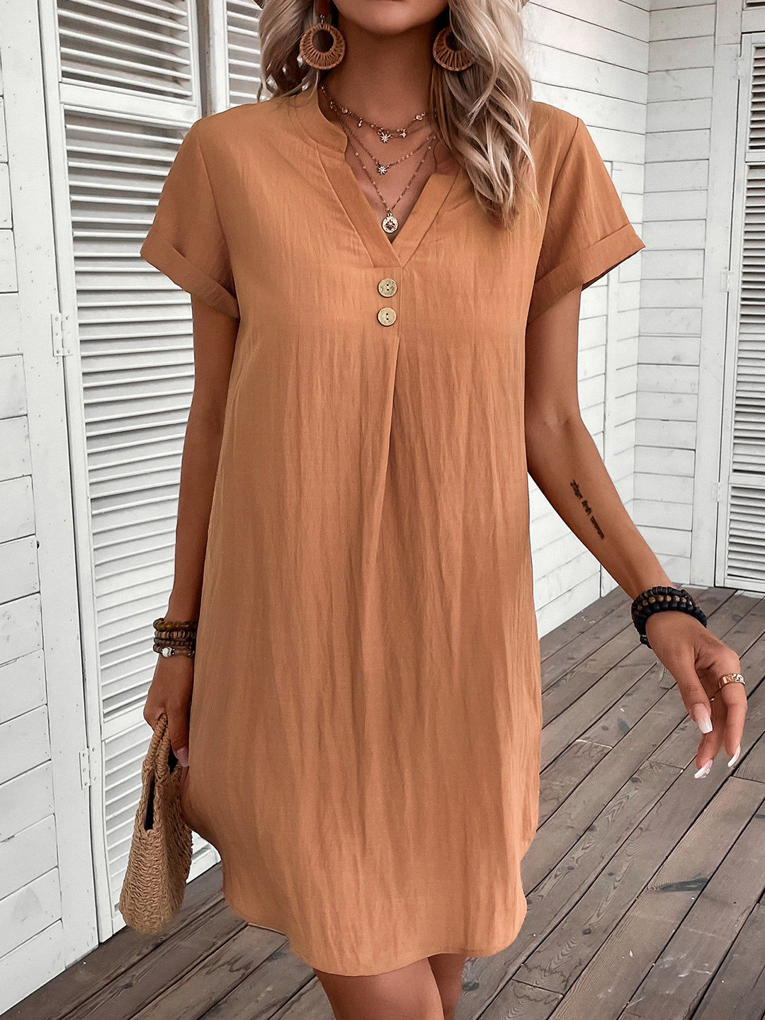 Outzidr Rust Short Sleeve Shift Dress