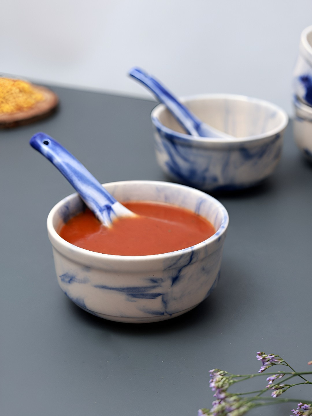 Unravel India Blue 12 Pieces Ceramic Easy to Clean Matte Serving Bowl With Spoons