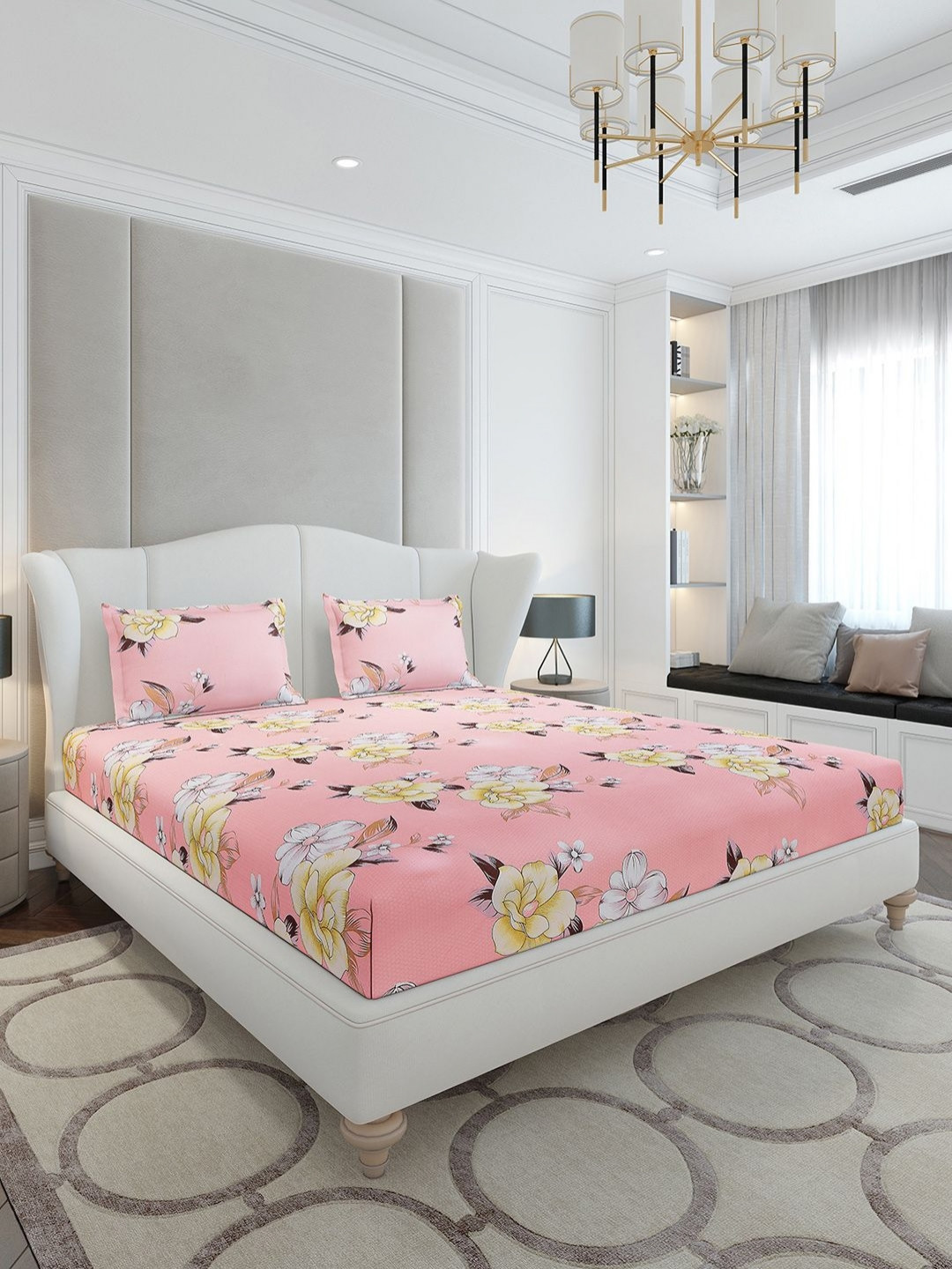 Monte Carlo Pink Floral Polyester 120 TC Queen Bedsheet with 2 Pillow Covers-91 x 98 inches