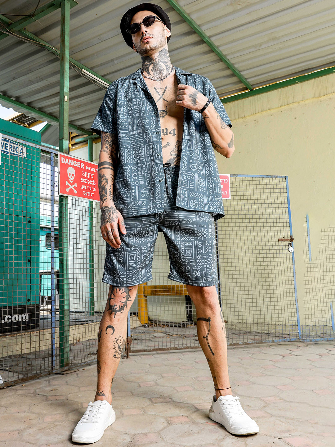 House of Koala Grey Geometric Printed Cuban Collar Resort Shirt & Shorts Co-ord Set