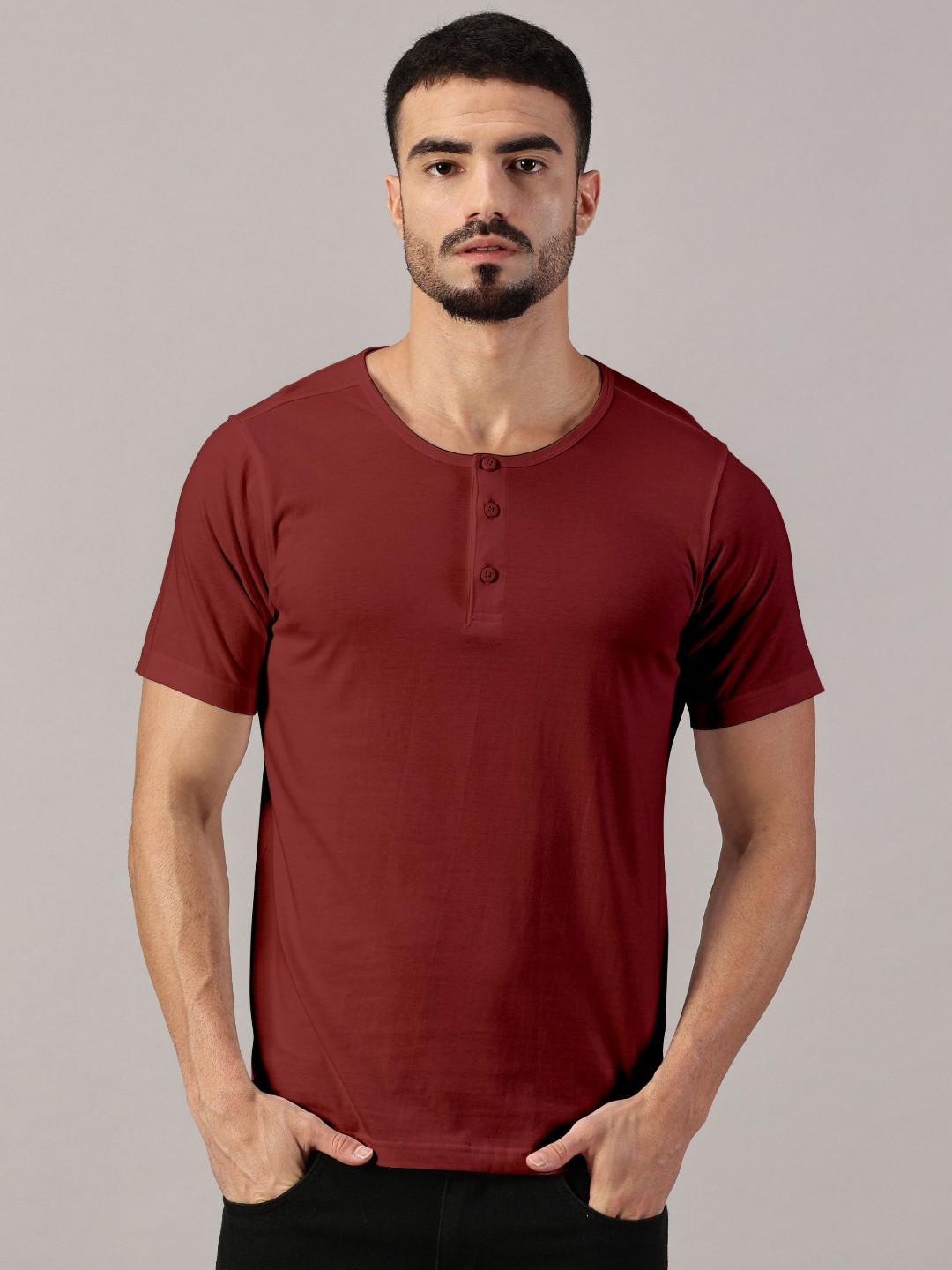 LEON Men Solid Henley Neck Cotton Slim Fit T-shirt