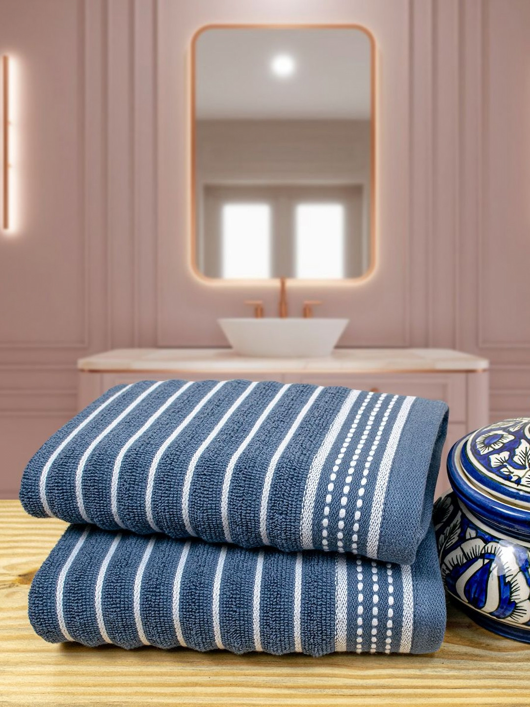 Myntra Elegant Homes 2-Pcs Blue & White Striped Pure Cotton 515 GSM Hand Towels