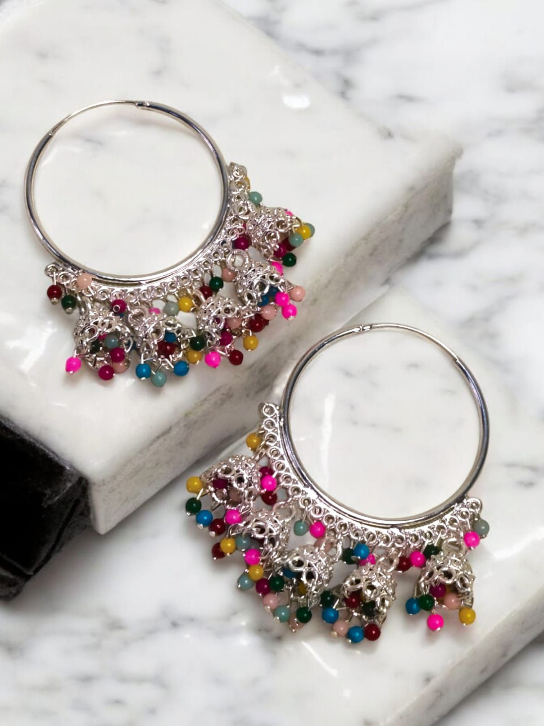 Sharalle Silver-Plated Contemporary Artificial Beads Circular Shaped Hoop Earrings