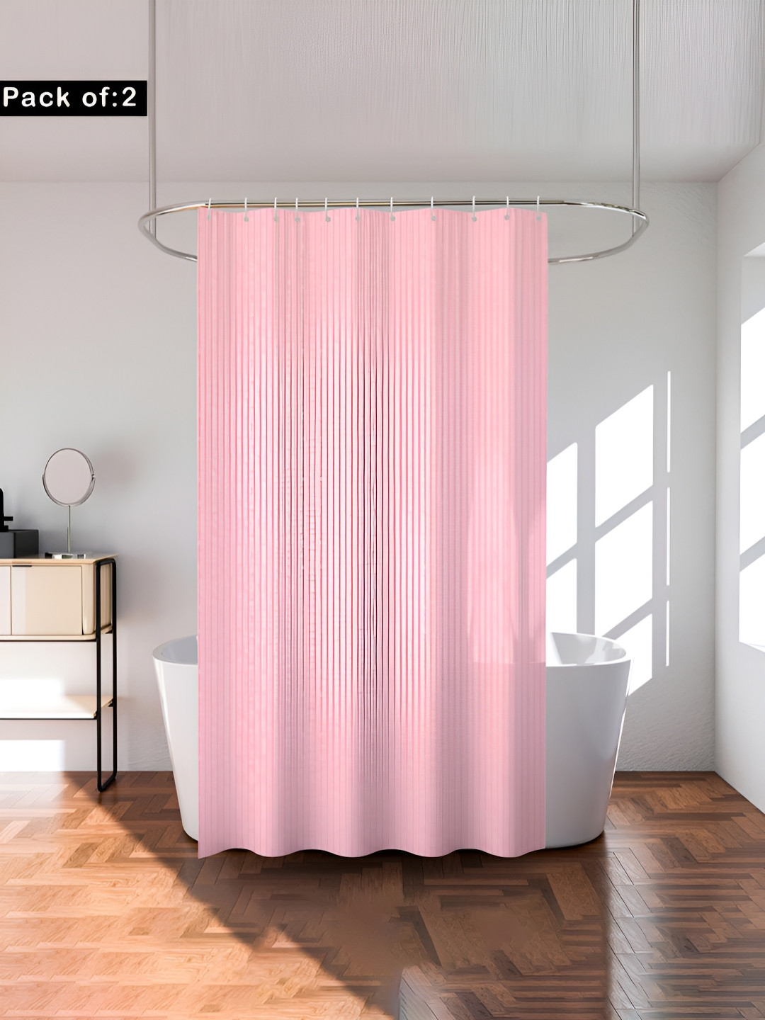 Aura Pink Set of 2 Striped Durable Waterproof Shower Curtain With 8 Rings