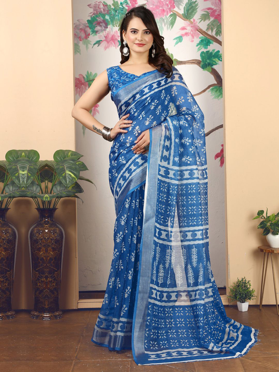 Anouk Rustic Bagh Printed Linen Blend Baghru Saree