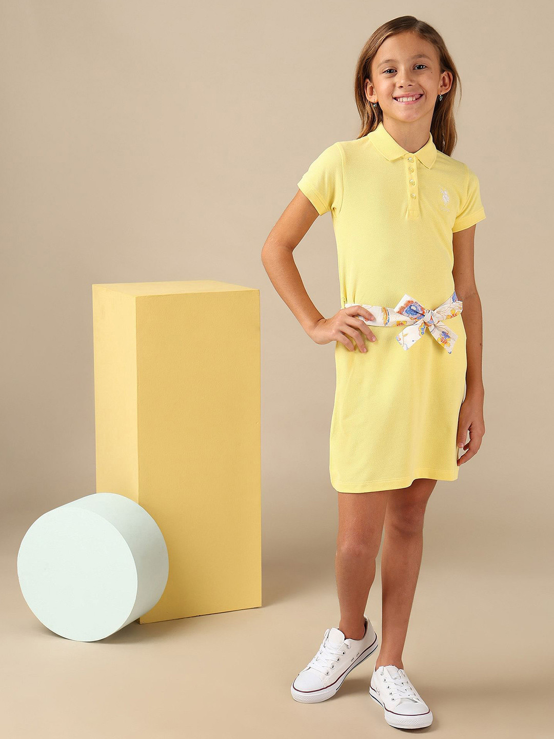 U.S. Polo Assn. Kids Girl Polo Collar Belted A-Line Mini Dress