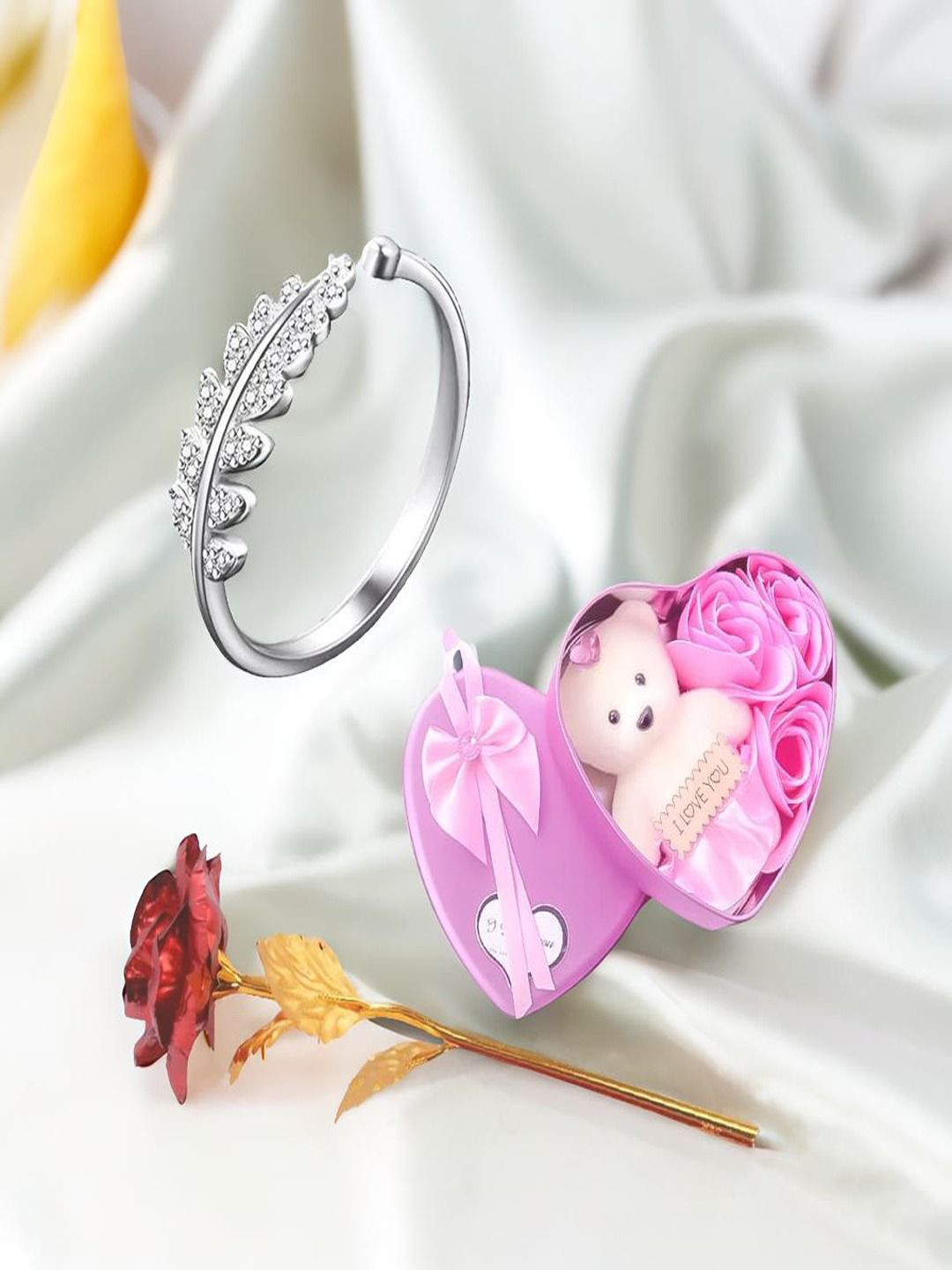 DIVASTRI Set Of 3 Silver-Plated Cubic Zirconia Studded Finger Ring & Red Rose & Teddy Bear