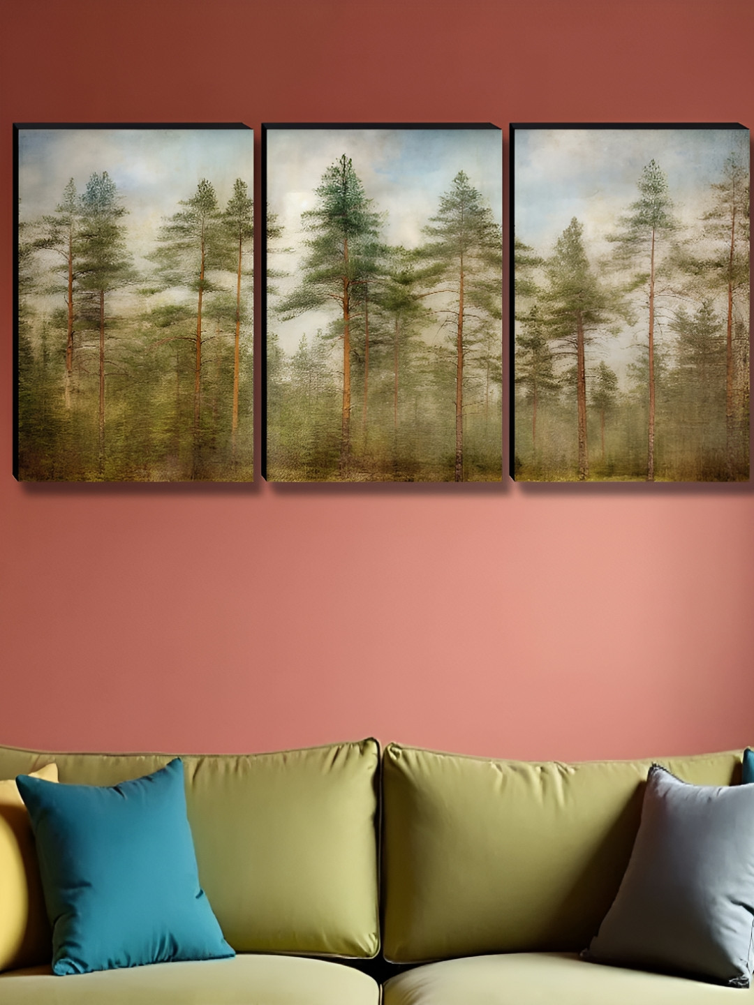 SAF Green & Blue 3 Pieces Tree Floral And Botanical Wooden Wall Art
