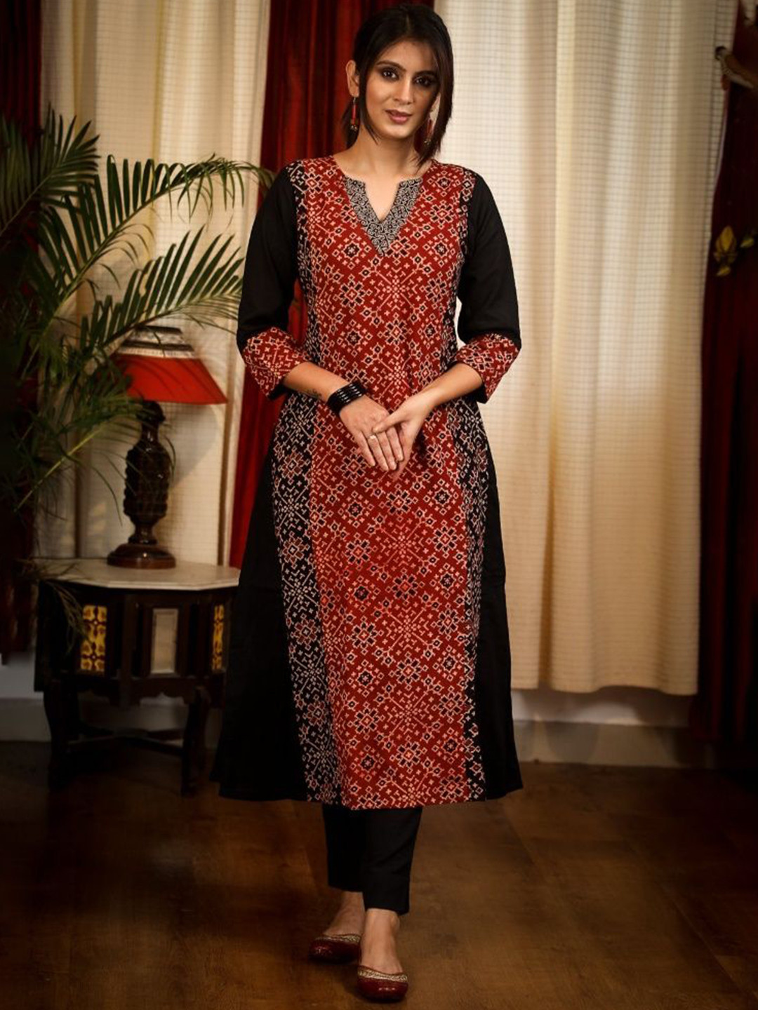 SUJATRA Floral Printed Notch Neck Ajrakh Cotton Straight Kurta