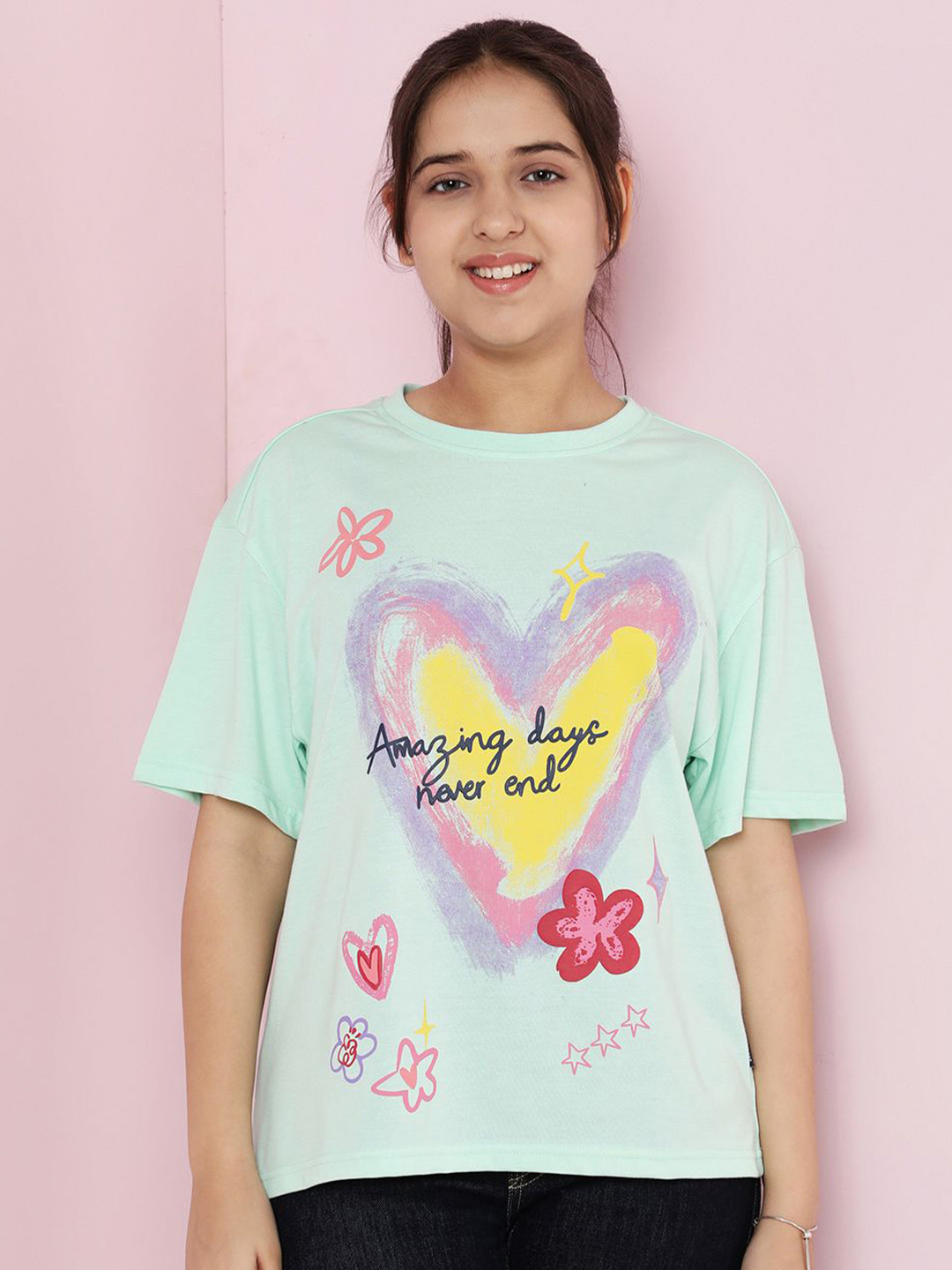 Lil Tomatoes Girl Graphic Print Drop-Shoulder Cotton Oversized T-Shirt