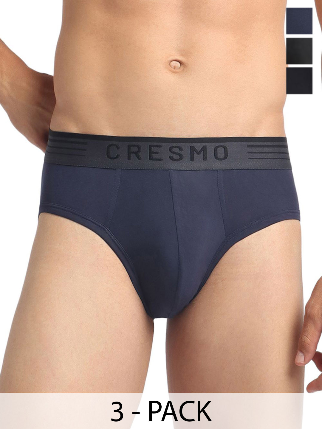 Cresmo Men Pack Of 3 Antimicrobial Low-Rise Briefs CR-B-STR-P3-SLSTON-COSM-INTBLK-S