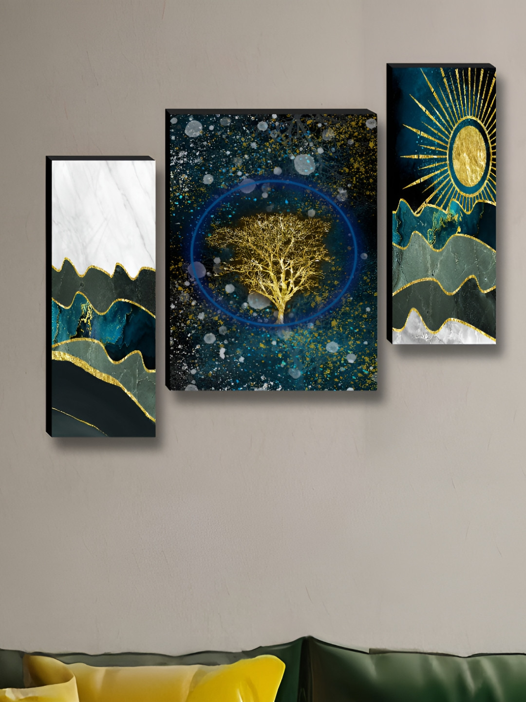 SAF Blue & Gold-Toned 3 Pieces Tree & Sun Abstract Wooden Wall Art