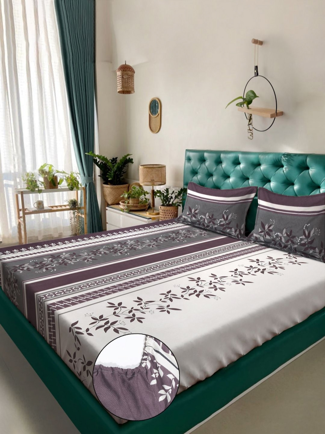 KLOTTHE Sateen Purple Floral Cotton 300 TC Fitted King Fine Bedsheet with 2 Pillow Covers-250 x 225 cm