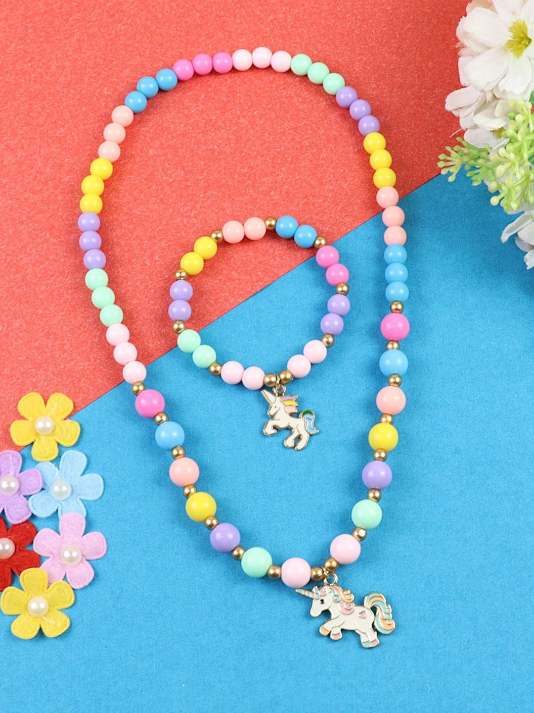 Asthetika Kids Girls Flying Unicorn Charm Beaded Jewellery Set