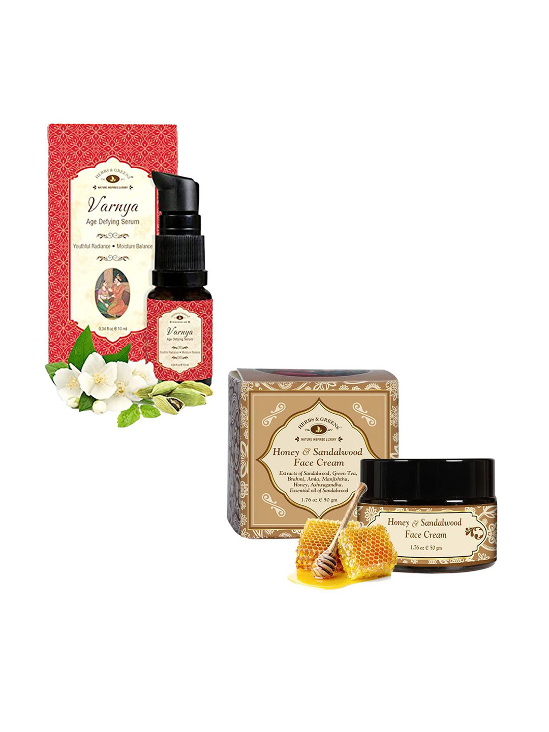 HERBS & GREENS Set Of 2 Sandalwood Face Cream 50 g & Varnya Anti-Aging Serum 10 ml