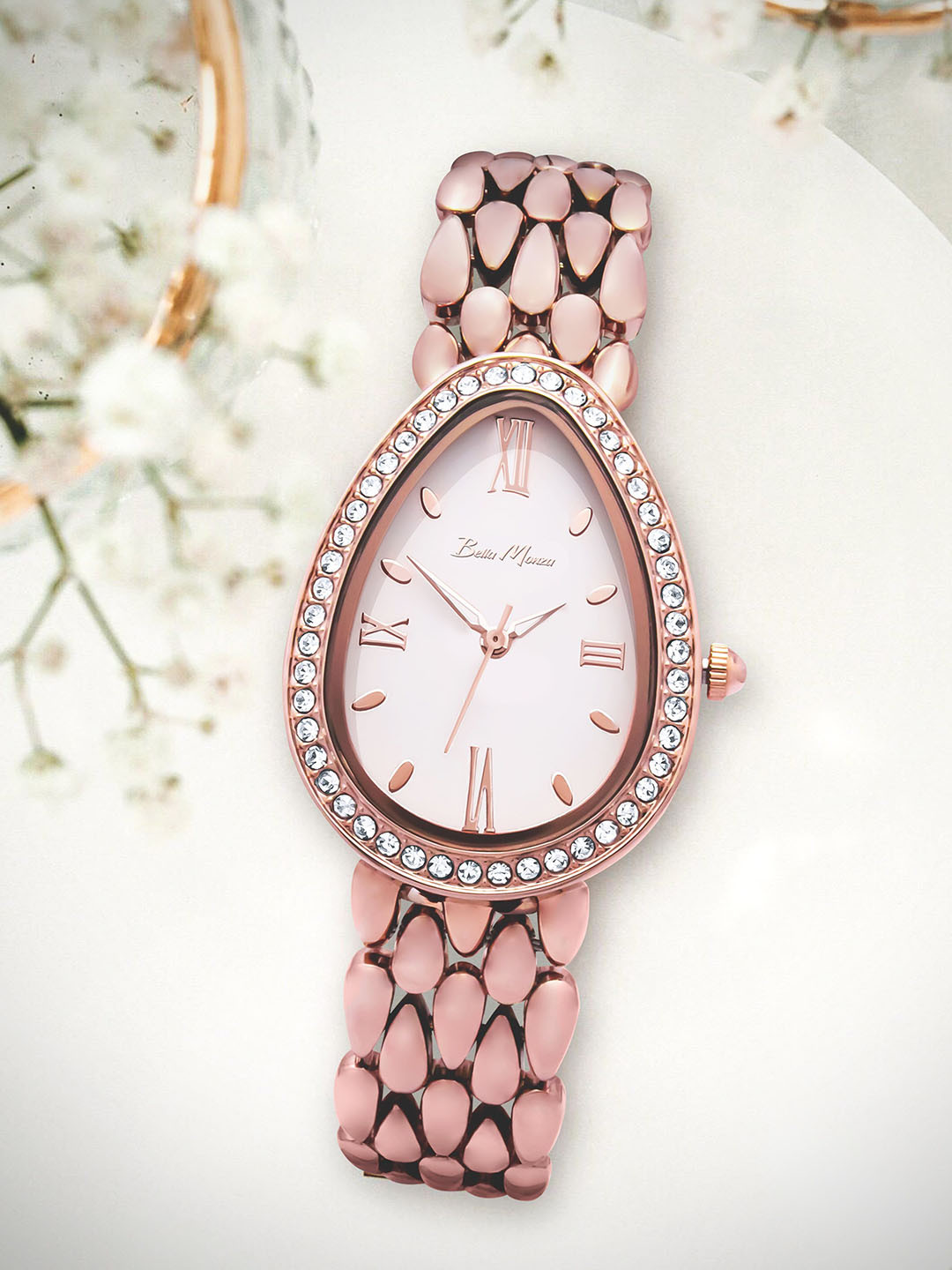 Bella Monza Women Dial & Stainless Steel Style Straps Analogue Watch AA_Rose_White