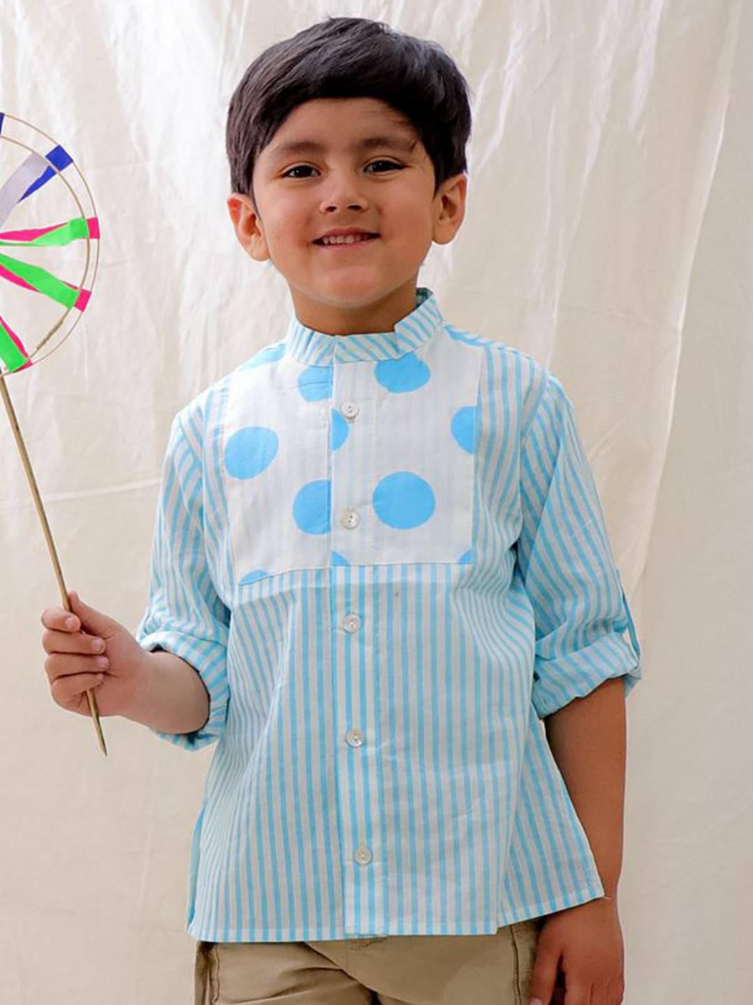 BownBee Boys Vertical Striped Band Collar Cotton Casual Shirt