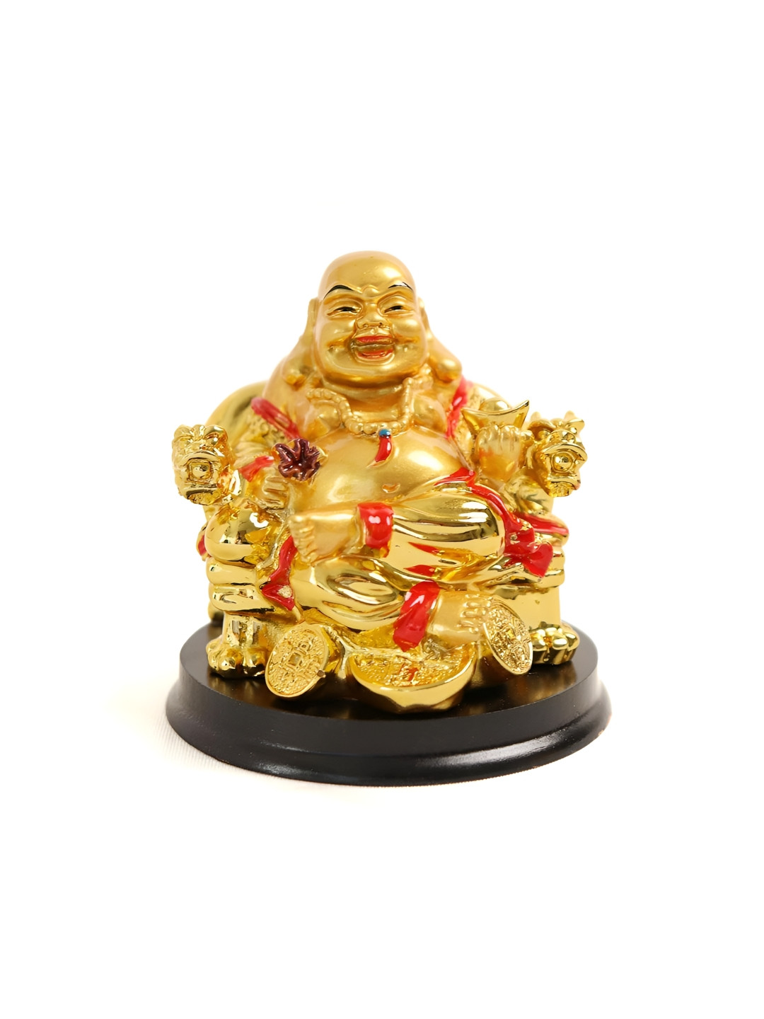 The Spiritual Living Laughing Buddha Sitting On Dragon Chair Gold Polyresin Natural Living Room Medium Showpiece - 4 Inches