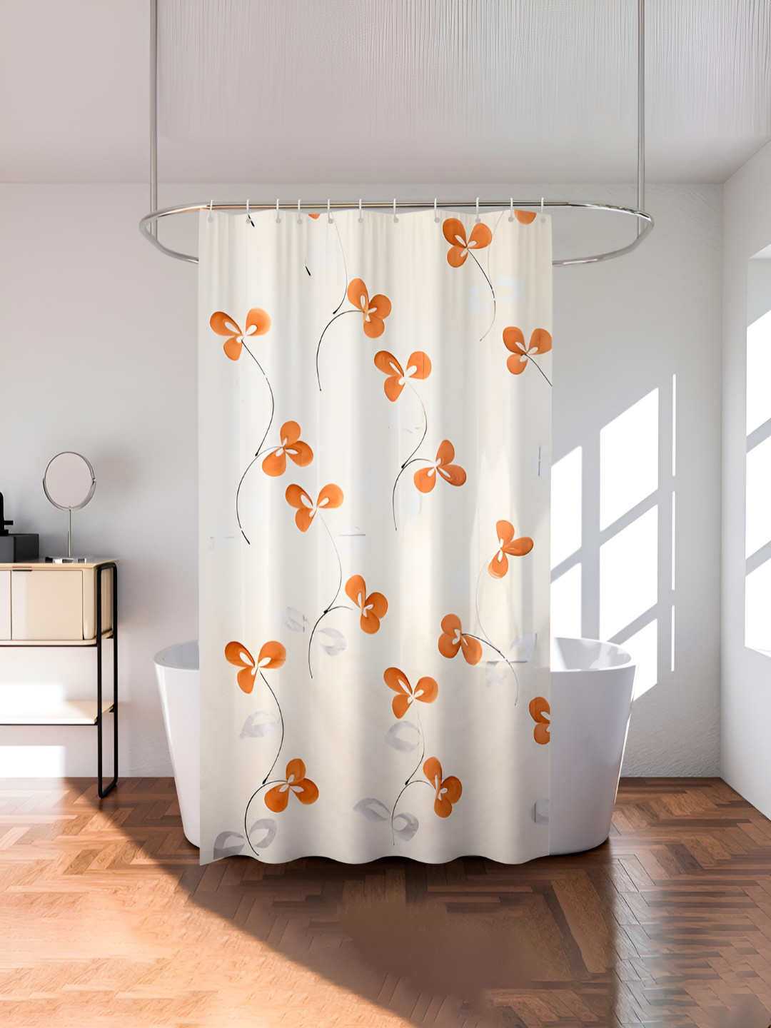 Aura Beige & Orange Printed Curtain With 8 Rings