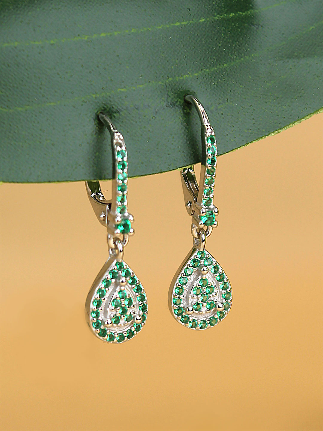 DEVASHREE 925 Sterling Silver Rhodium-Plated CZ Studded Teardrop Clip On Drop Earrings