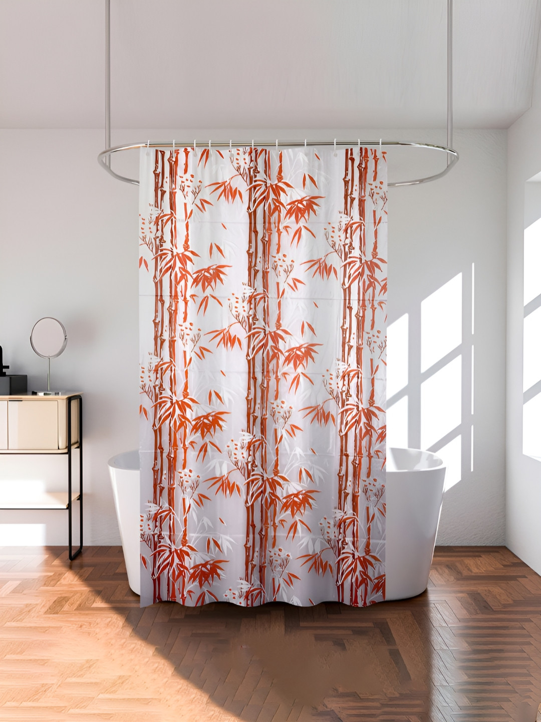 Aura White & Orange-Color Bamboo Printed Durable Waterproof Shower Curtain With 8 Rings