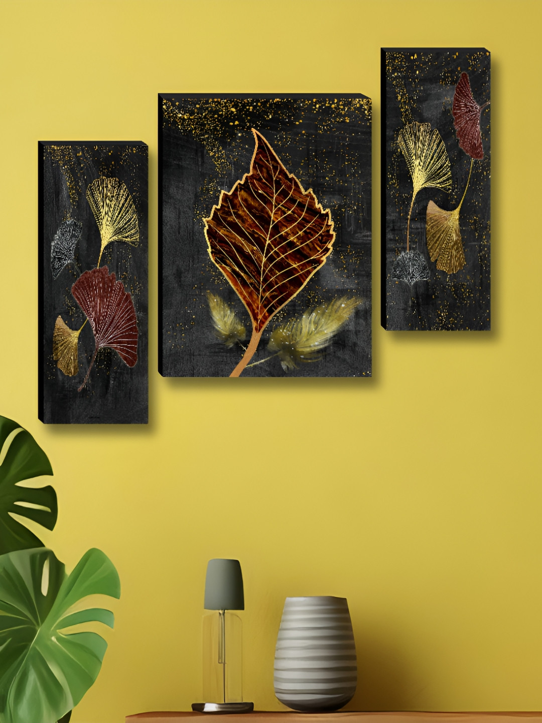 Aura Leaf Painting Wood 3 Pcs Wall Rectangle Paintings Wall Art
