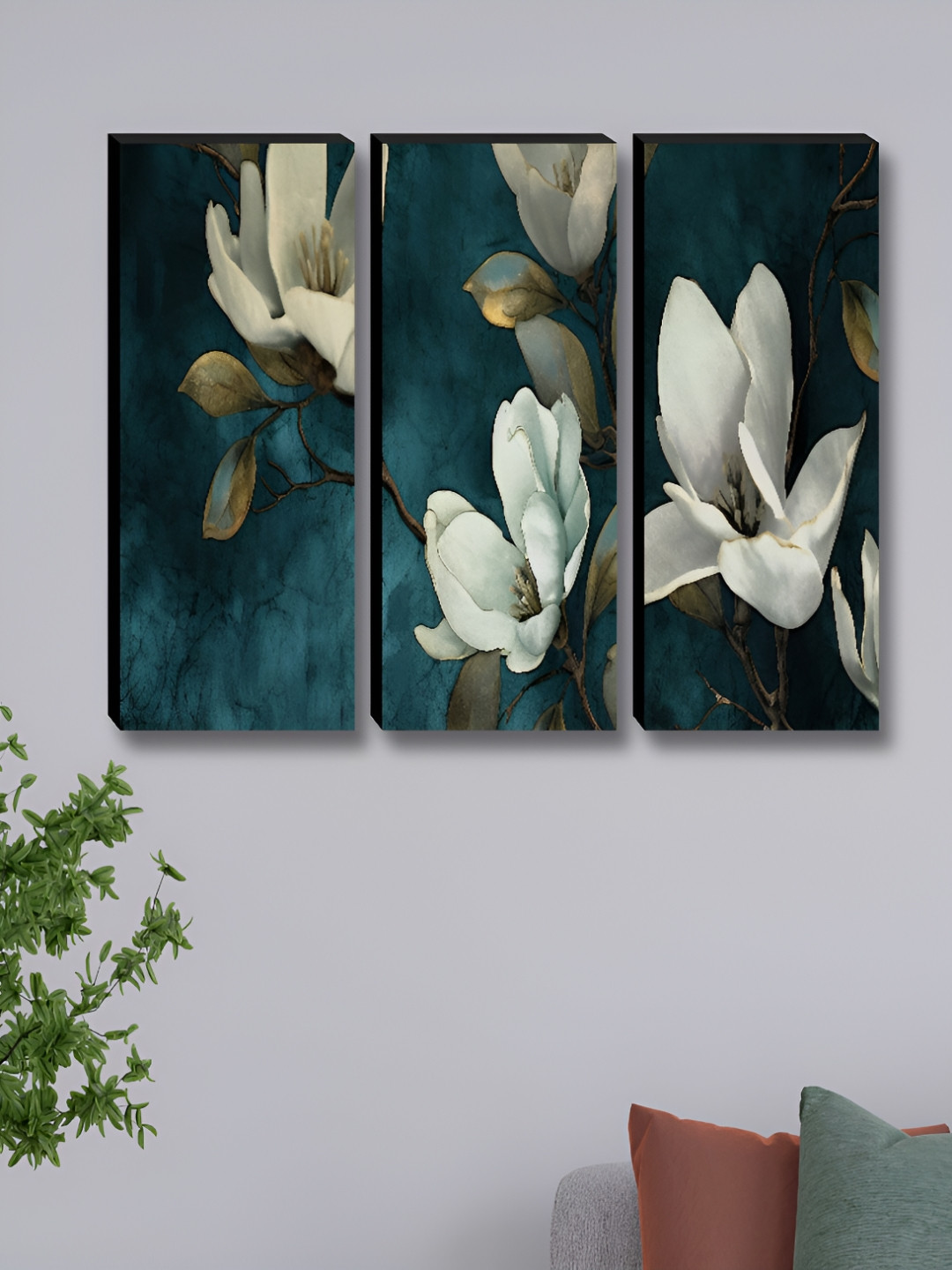 Aura Teal & Black 3 Pieces Floral And Botanical Wooden Wall Art
