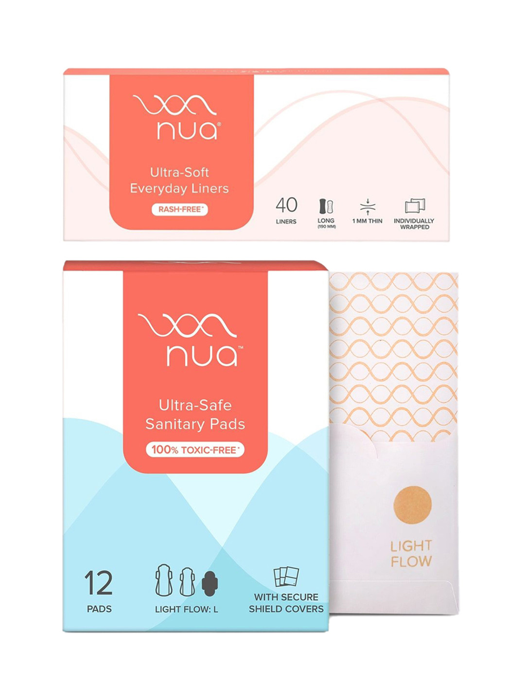 Nua Set of 190mm Panty Liners - 40N & Ultra Safe Light Flow Sanitary Pads - 12N