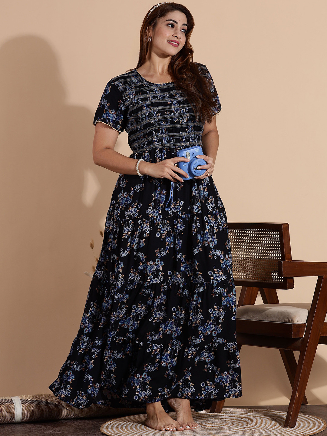 9shines Label  Women Smocky Frock Pattern Floral Printed Maxi Nightdress