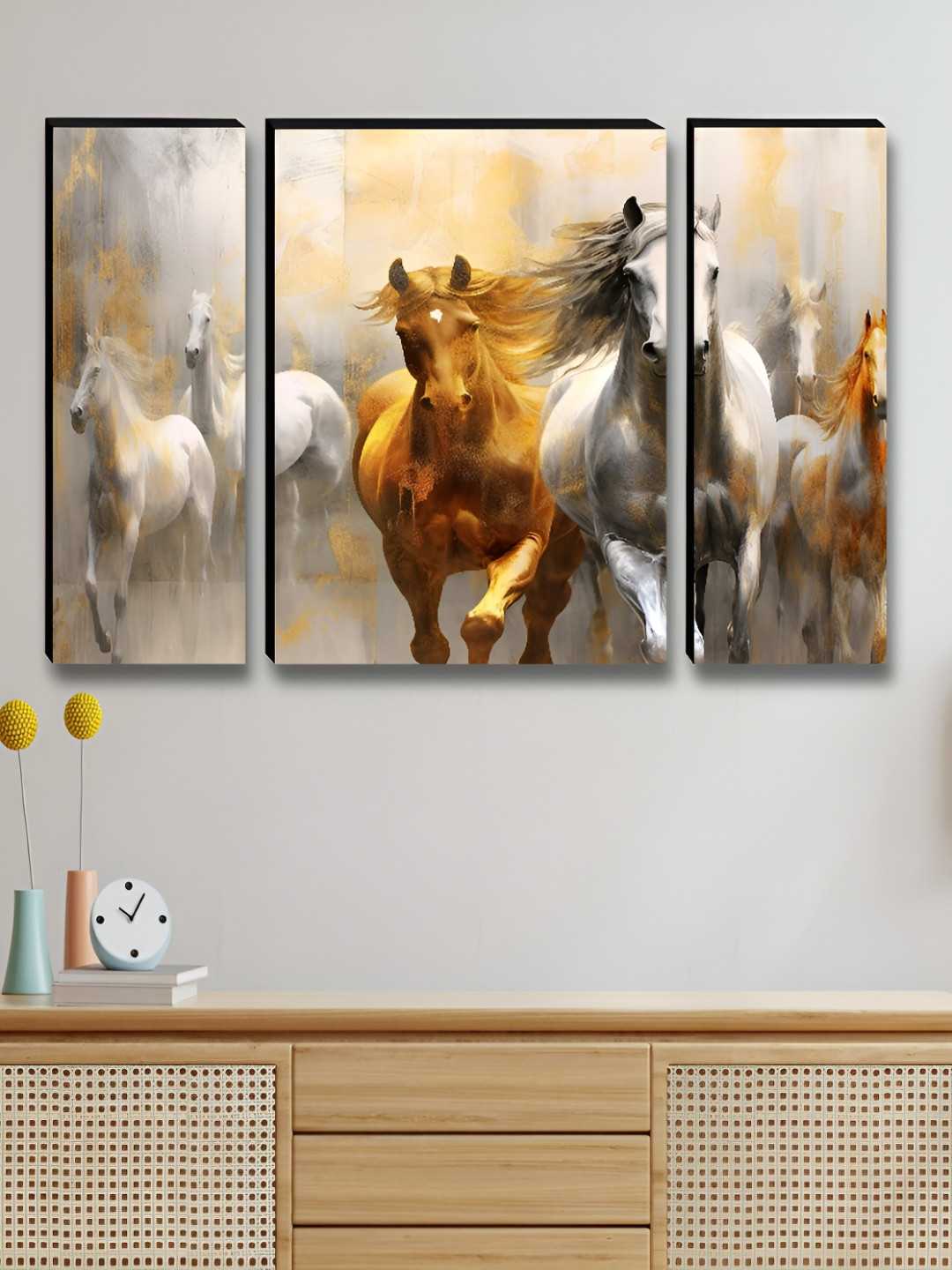 Aura Runing Horse Wood 3 Piece Wall Rectangle Paintings Wall Art -12 x 30 In