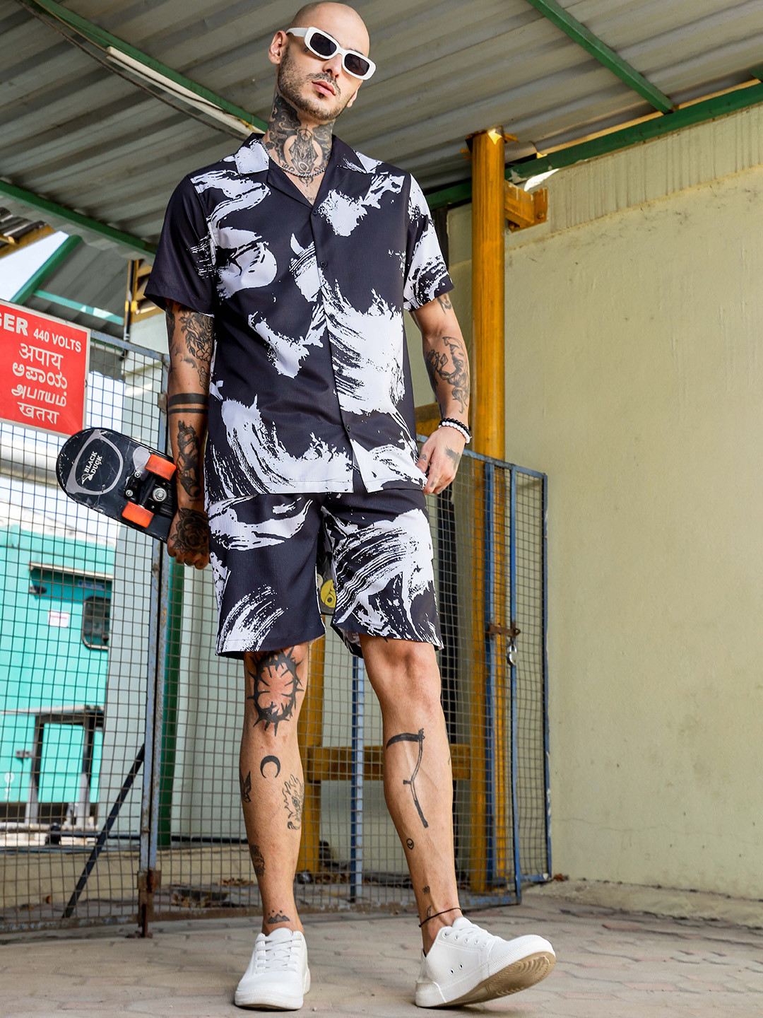 House of Koala Black Abstract Cuban Collar Resort Shirt & Shorts Textured Co-ord Set