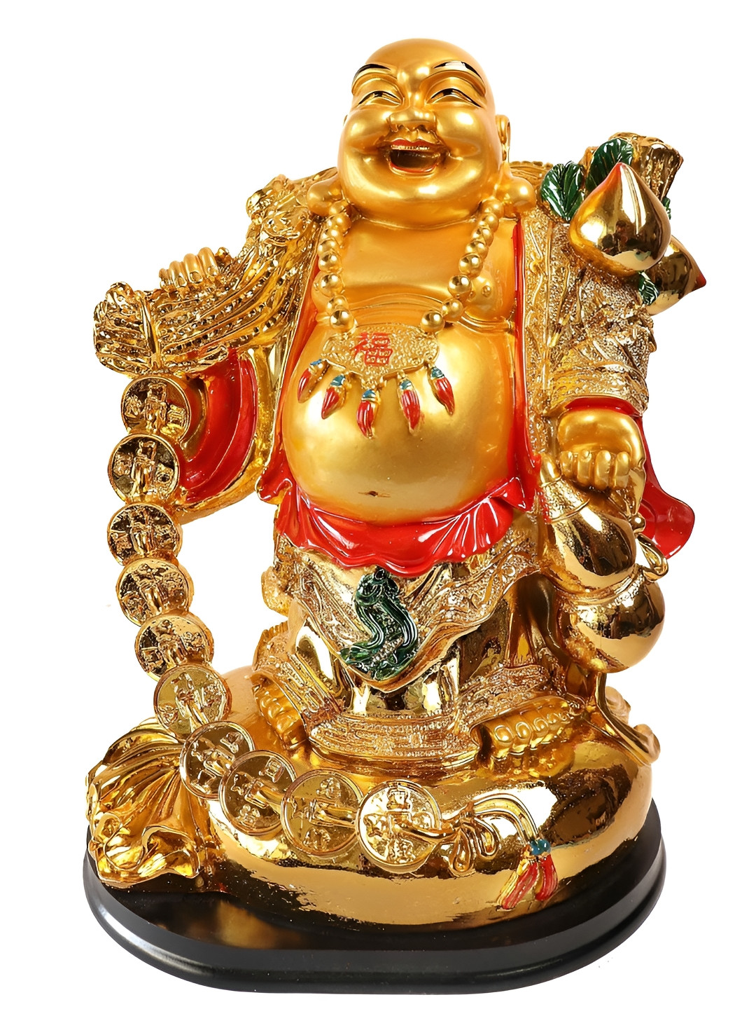 The Spiritual Living Laughing Buddha with Wu Lou and Coin Chain Gold Polyresin Natural Prayer Room Large Showpiece - 12 Inches