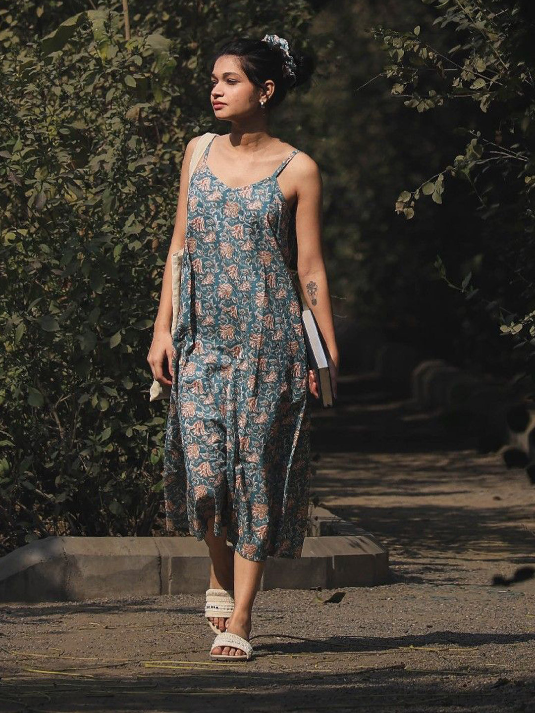 ODHANON Women Blue and Grey Floral Hand Block Printed Casual Cotton A-Line Slip Dress