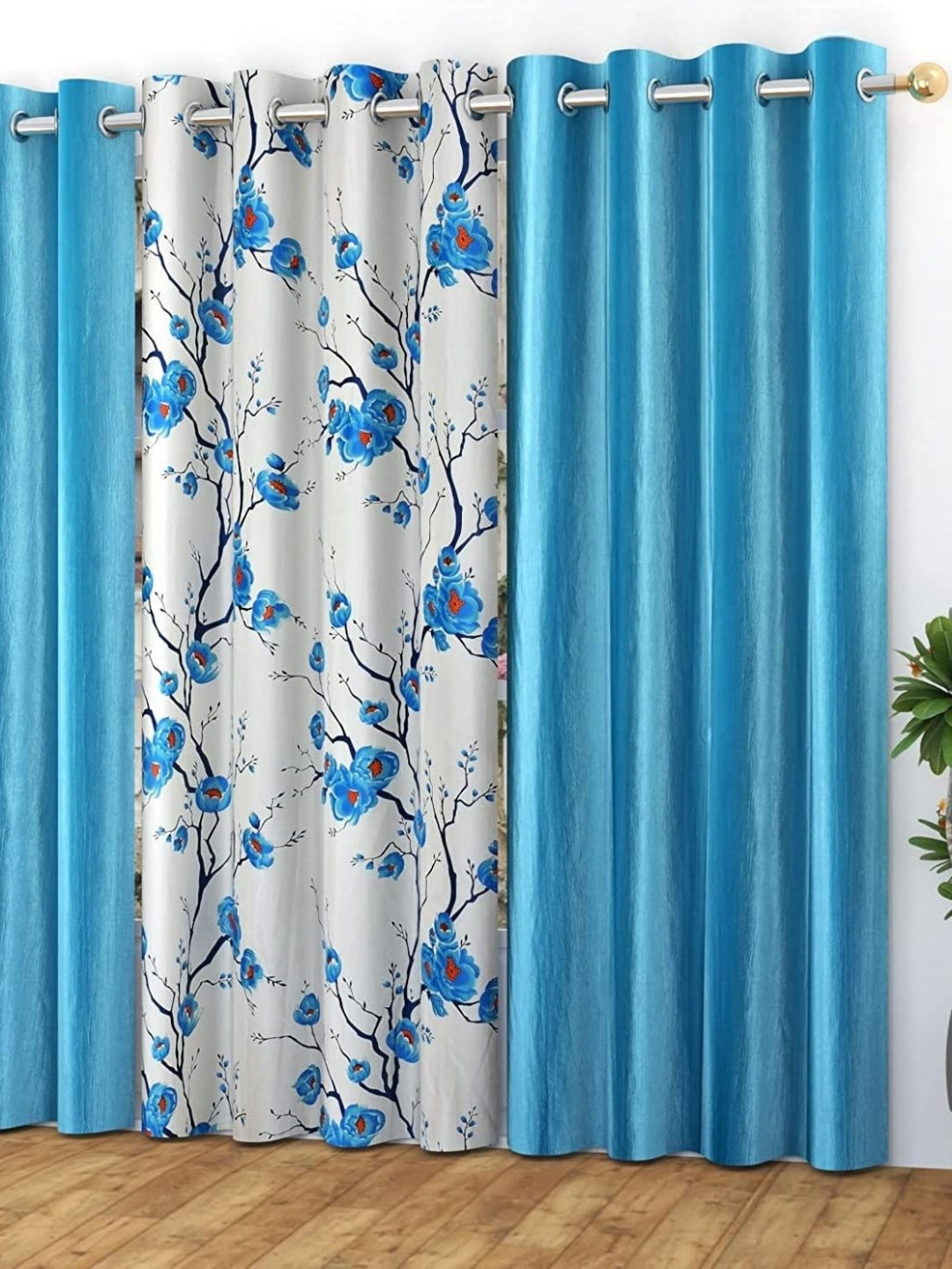 Galaxy Home Decor Blue & White 3 Pieces Floral Printed Window Curtain - 5 Feet