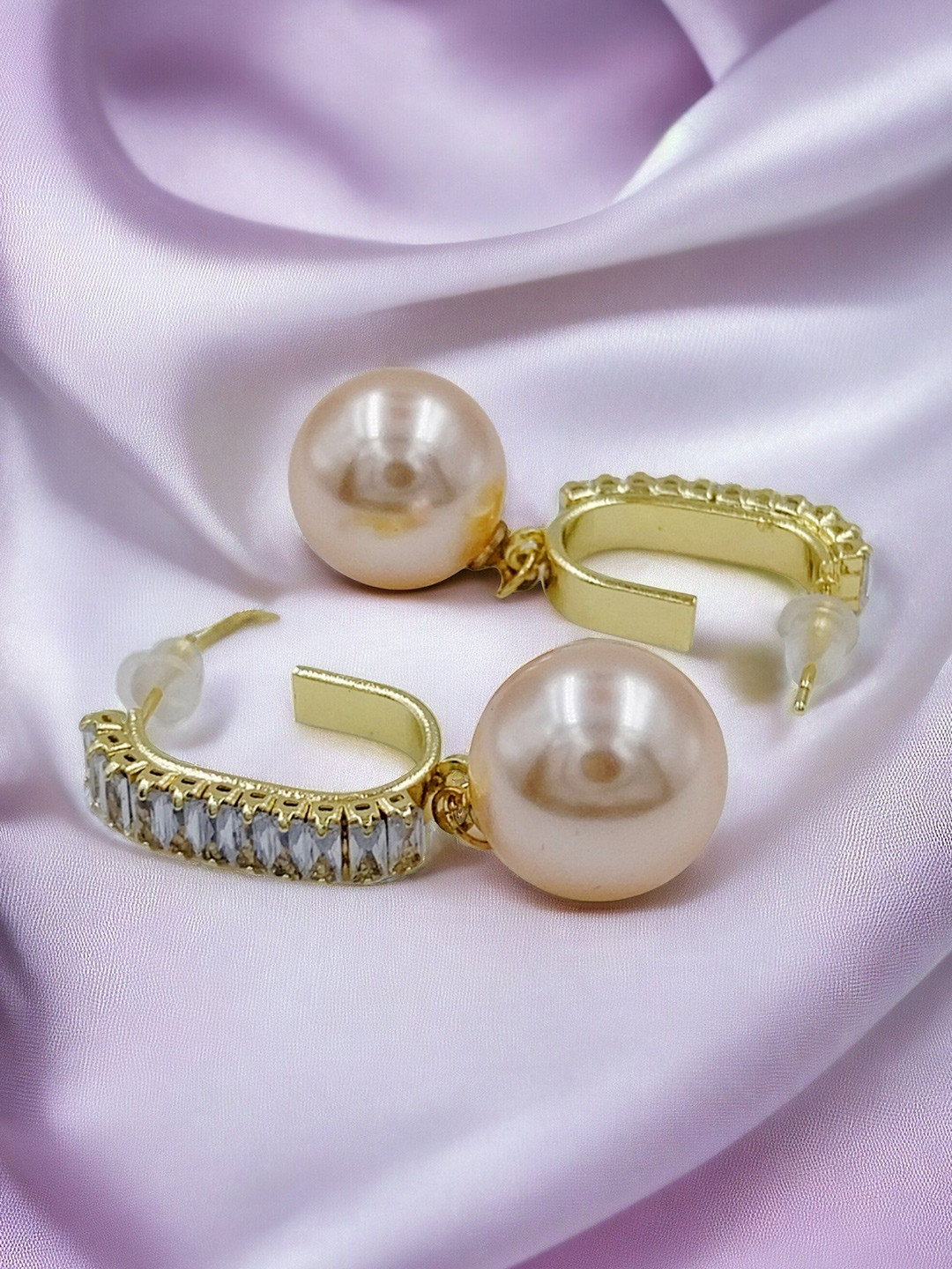 DressBerry Gold-Plated Cubic Zirconia And Pearls Beaded Contemporary Shaped Drop Earrings