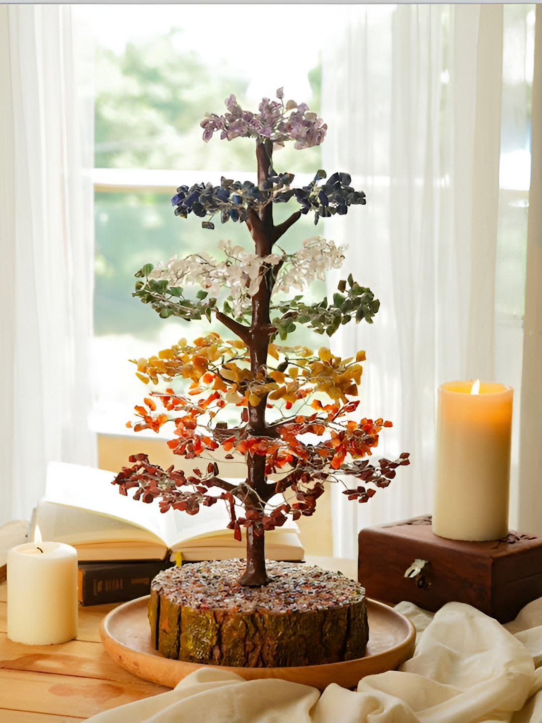 Ritualistic Wishing Tree - 7 Chakra Green Crystal Glossy Living Room Medium Showpiece - 6.3 Inches