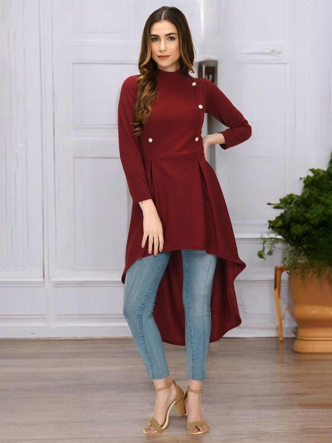 ZEUGEN Women Solid High-Low High Neck Longline Top