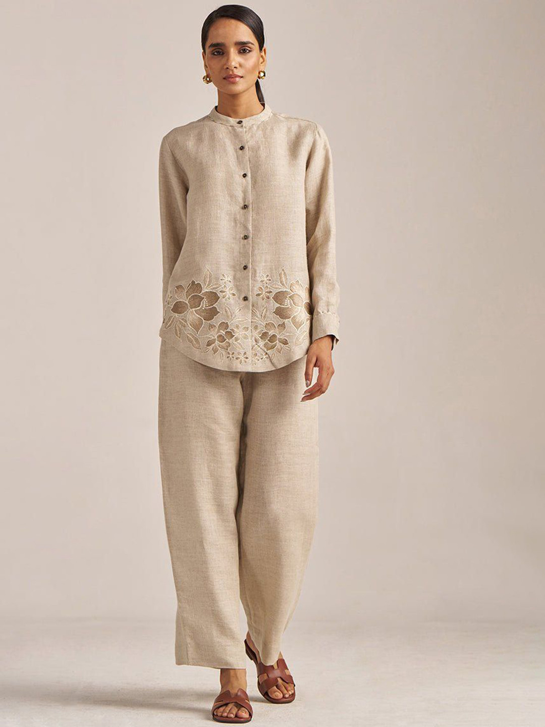 Ganga Undyed Natural Linen Embroidered Co-Ord Set