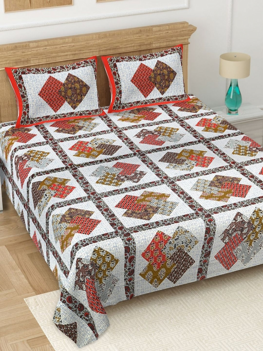 BED-SHEET.COM Barmeri Red Geometric Cotton 180 TC King Fine Bedsheet with 2 Pillow Covers-108 x 90 inches