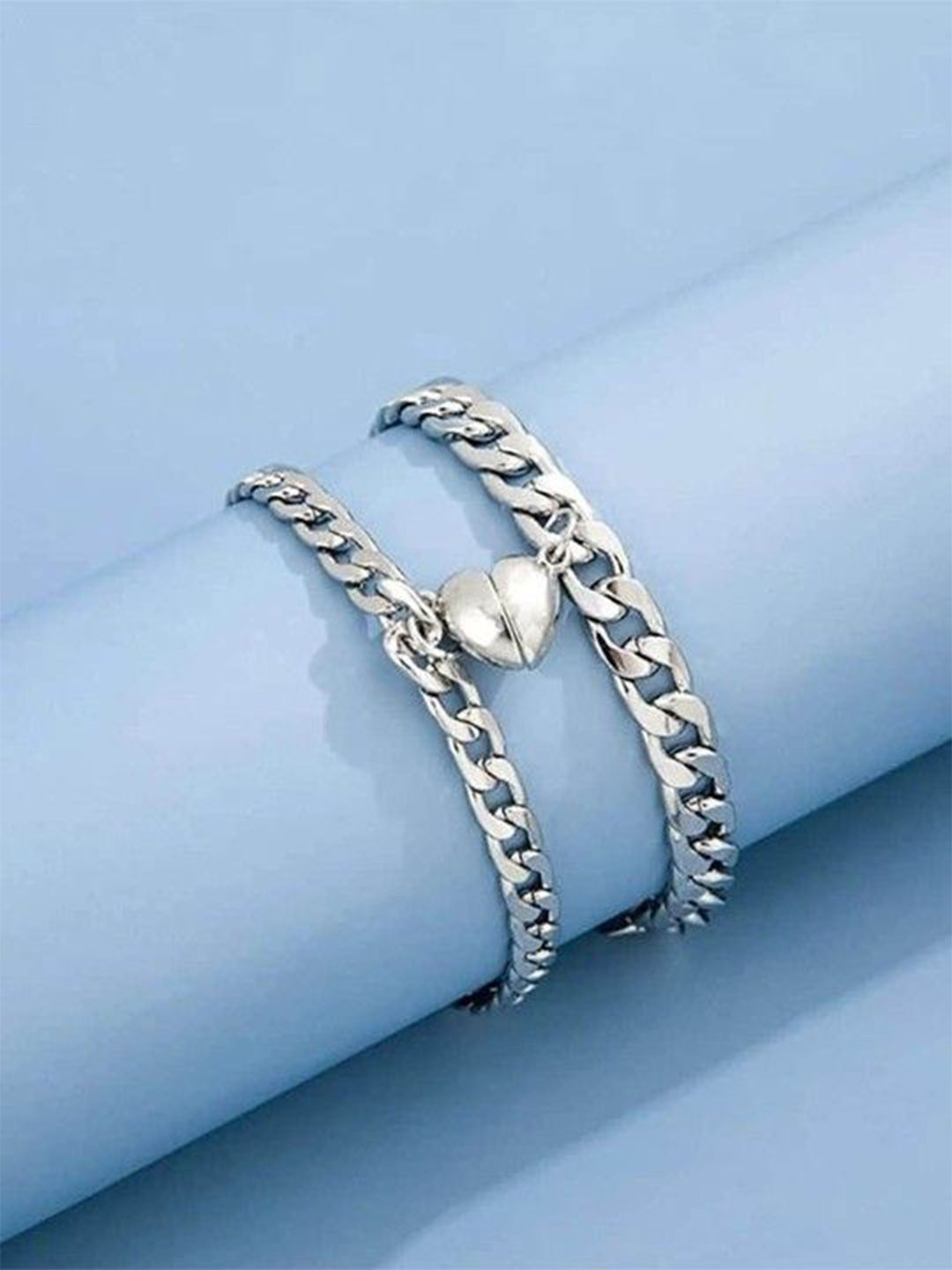 PASU FASHION Unisex Set Of 2 Stainless Steel Silver-Plated Link Couple Magnet Bracelet