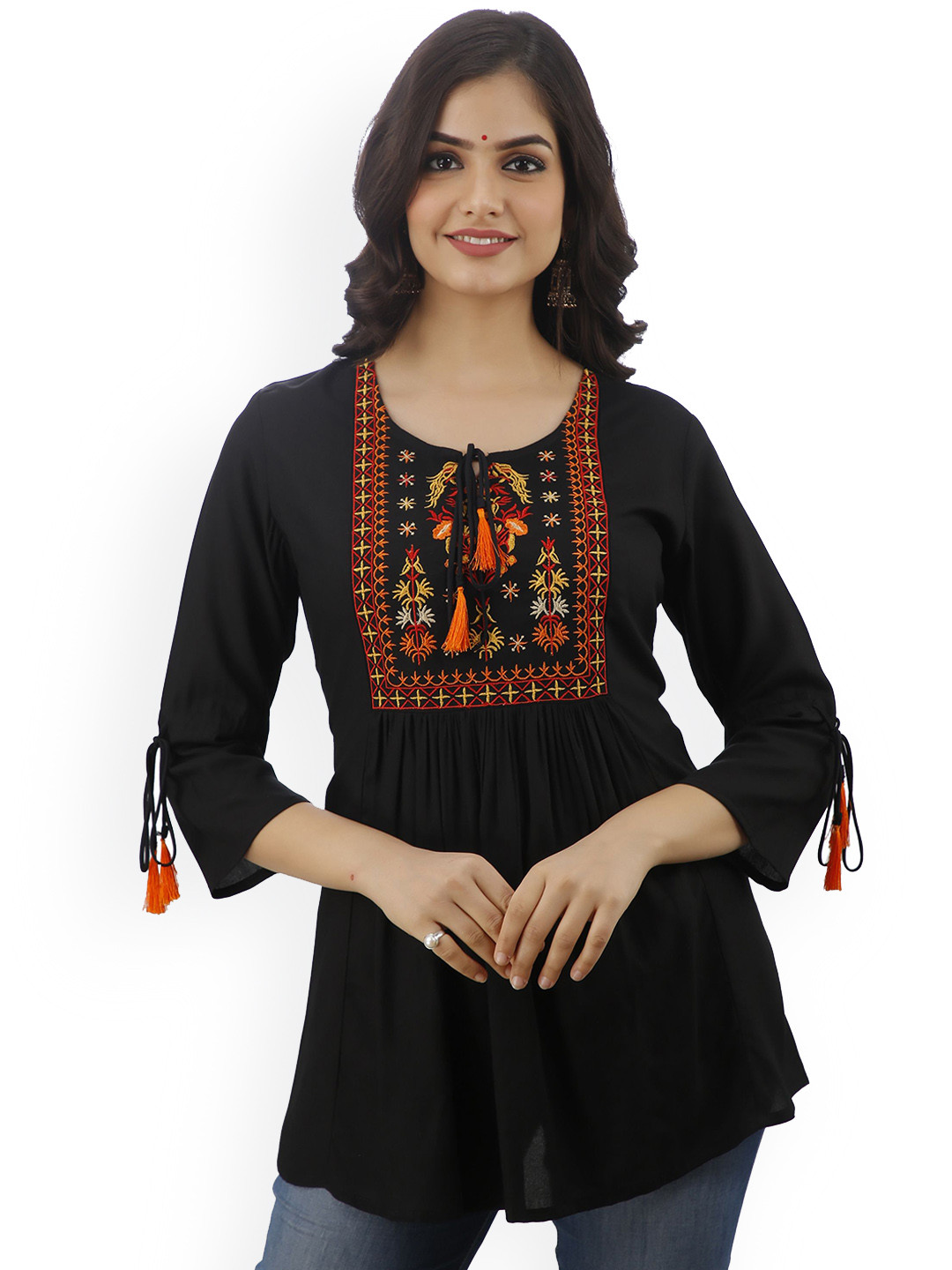 DMP FASHION Floral Embroidered Thread Work Tie-Up Neck Anarkali KurtI