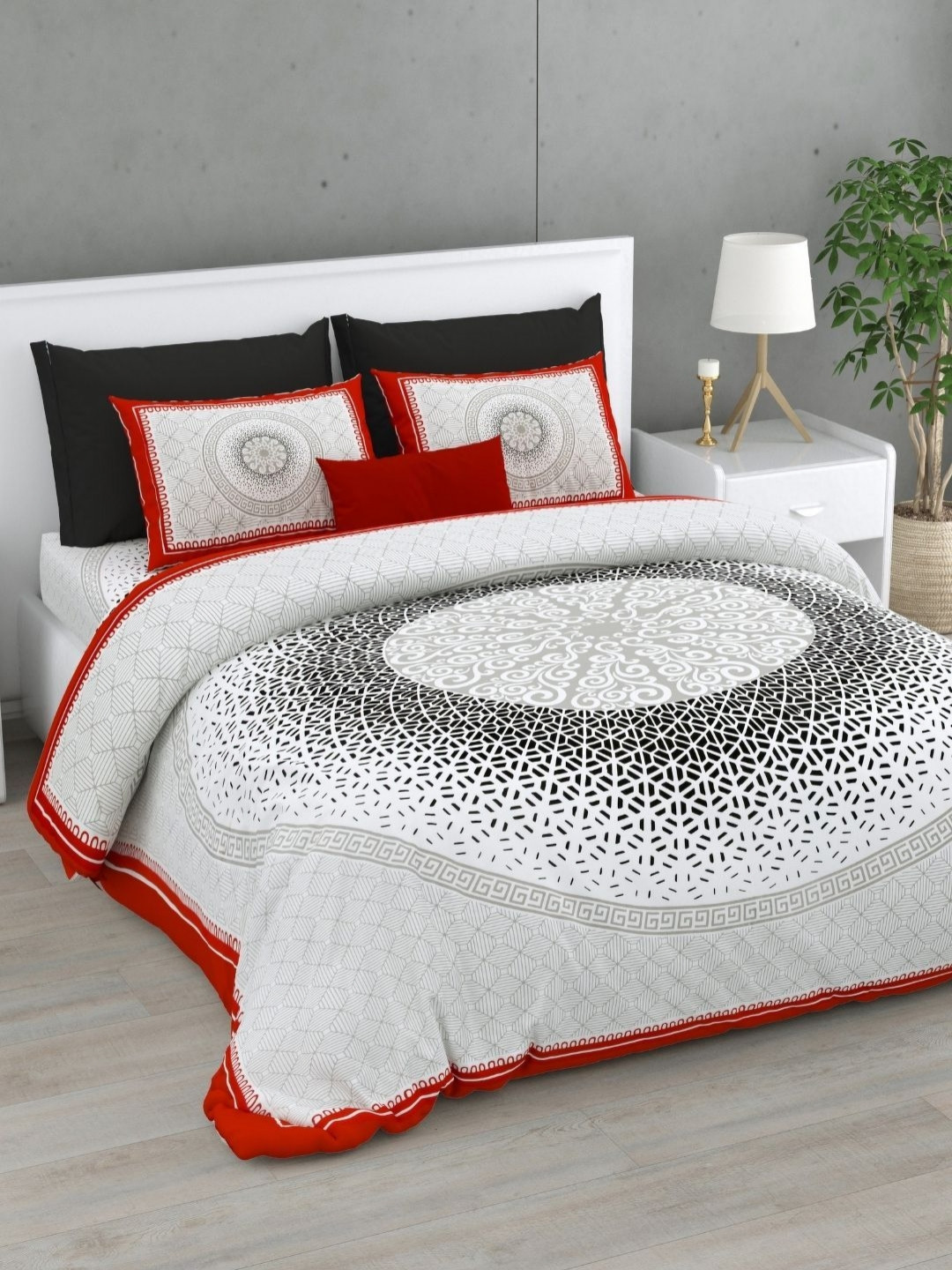 BED-SHEET.COM Grey Ethnic Motifs Cotton 240 TC King Fine Bedsheet with 2 Pillow Covers-100 x 108 inches