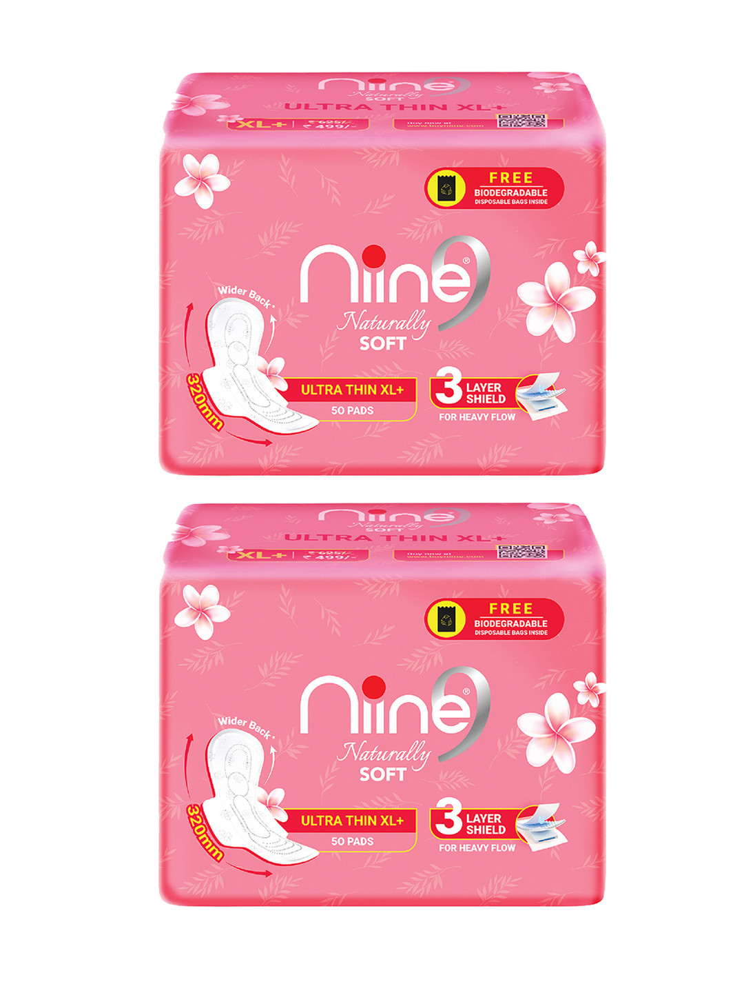 Niine Set of 2 XL+ Naturally Soft Sanitary For Heavyflow With Disposable Bags 100 Pads