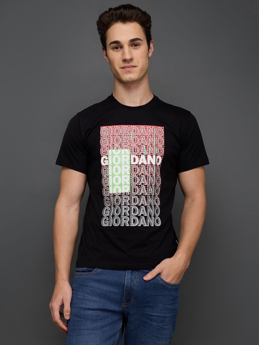 GIORDANO Men Typography Printed Round Neck Cotton T-shirt