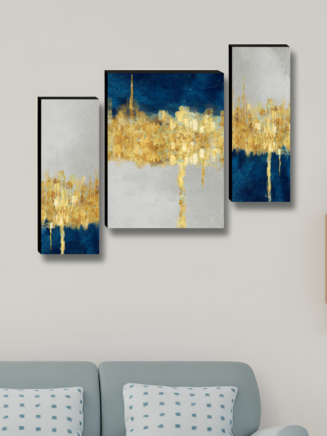 SAF Gold-Toned & Navy Blue 3 Pieces Abstract Wood Wall Art