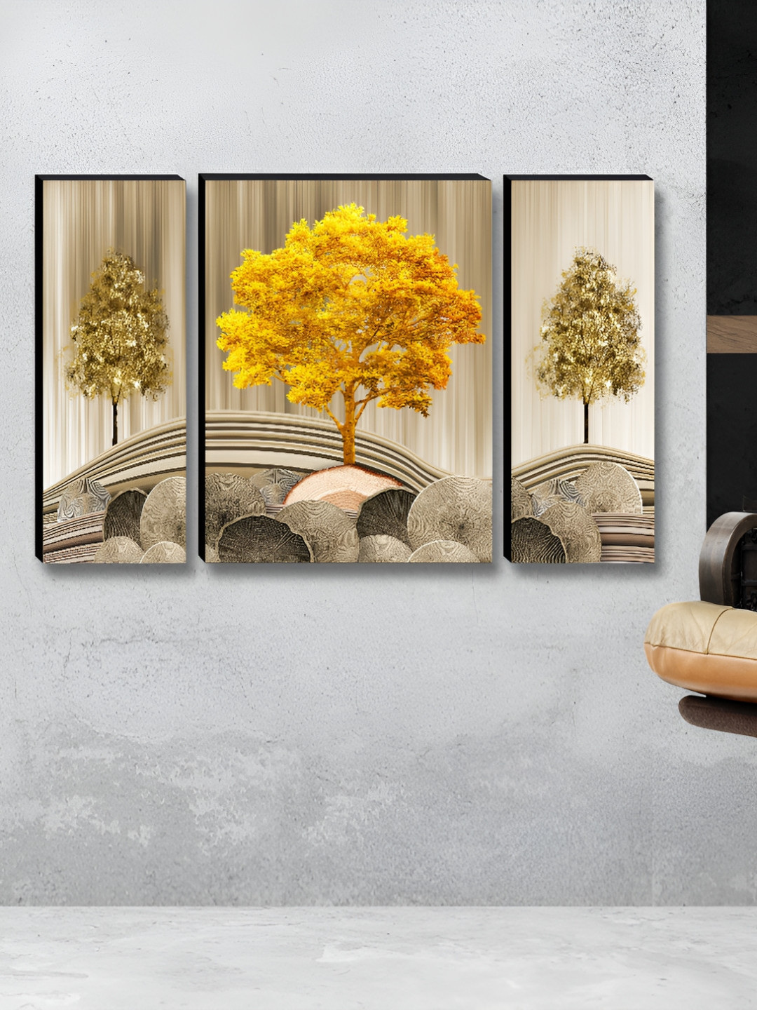 SAF Wood 3 Pcs Wall Rectangle Paintings Wall Art - 12x30In