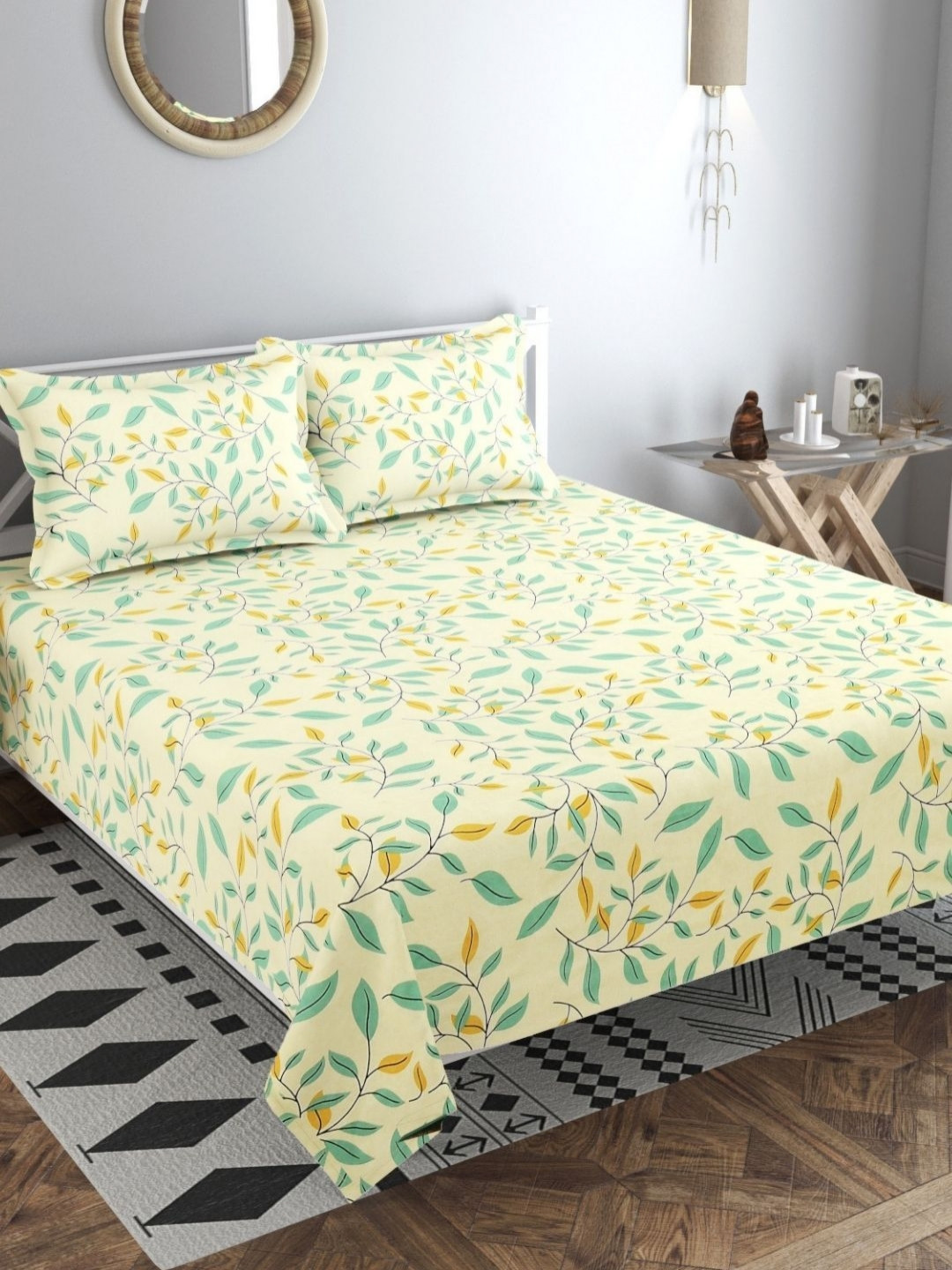 VAS COLLECTIONS Valancia Green Floral Microfiber 210 TC Double Bedsheet Set-2.54x2.28m