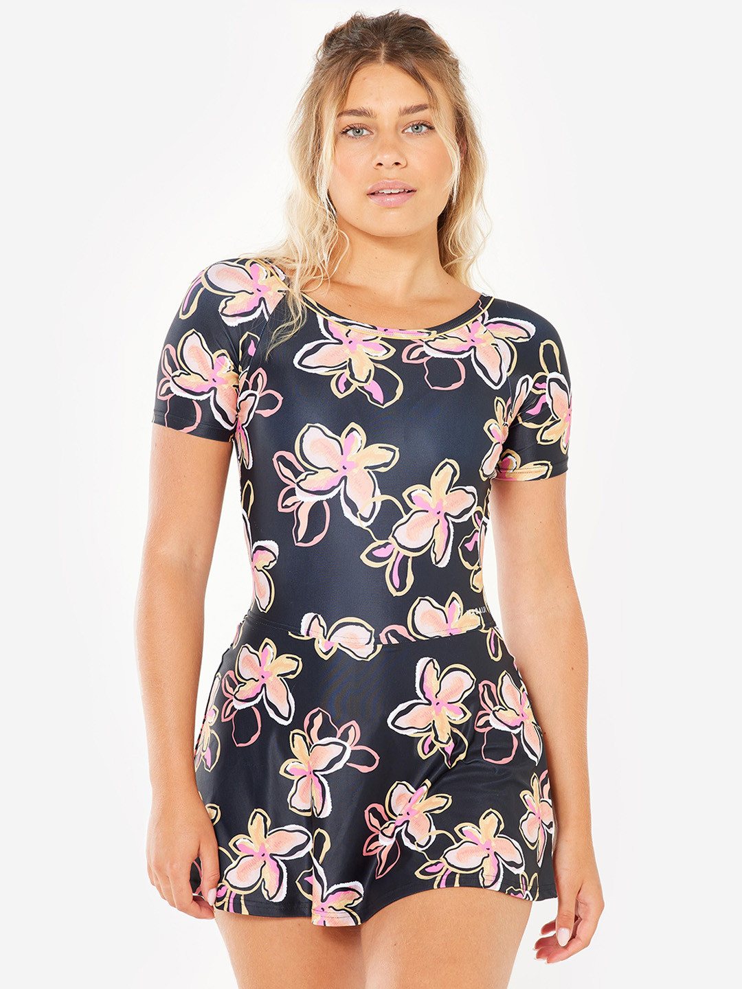 Decathlon NABAIJI - Women Black Floral Printed Half-Sleeve Swimsuit With Shorts